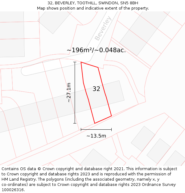 32, BEVERLEY, TOOTHILL, SWINDON, SN5 8BH: Plot and title map