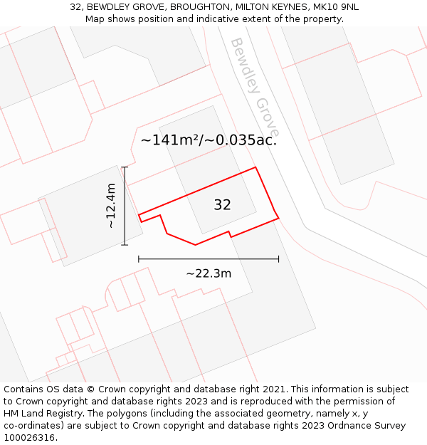 32, BEWDLEY GROVE, BROUGHTON, MILTON KEYNES, MK10 9NL: Plot and title map