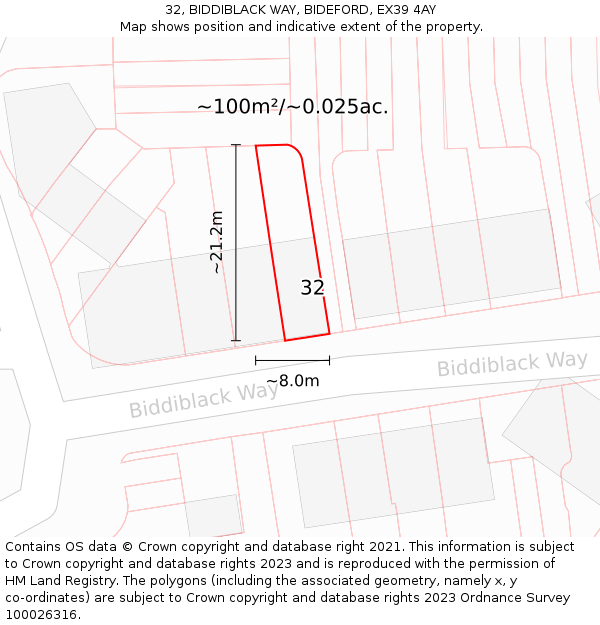 32, BIDDIBLACK WAY, BIDEFORD, EX39 4AY: Plot and title map