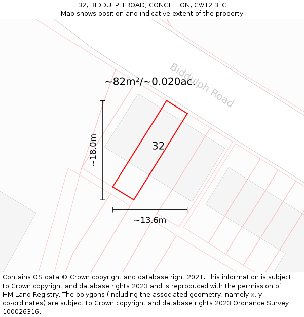 32, BIDDULPH ROAD, CONGLETON, CW12 3LG: Plot and title map
