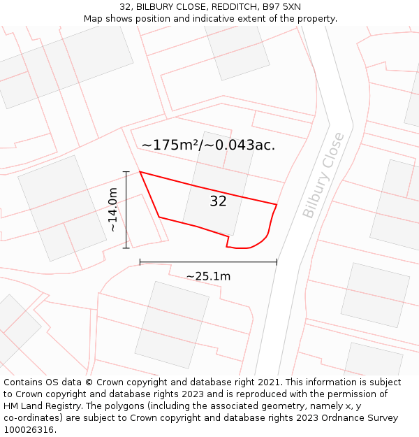 32, BILBURY CLOSE, REDDITCH, B97 5XN: Plot and title map