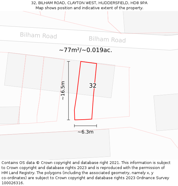 32, BILHAM ROAD, CLAYTON WEST, HUDDERSFIELD, HD8 9PA: Plot and title map