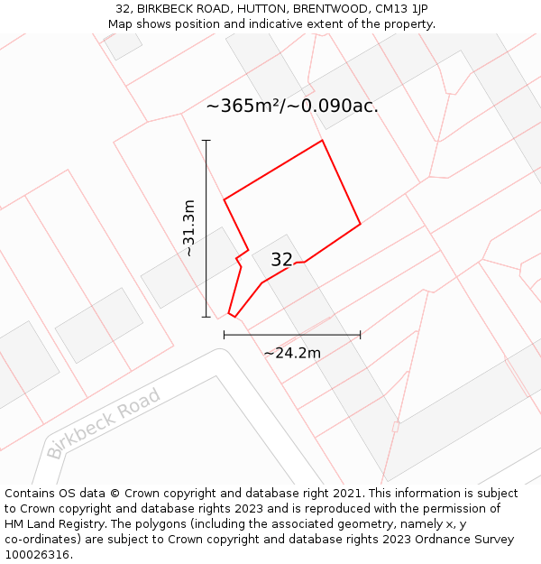 32, BIRKBECK ROAD, HUTTON, BRENTWOOD, CM13 1JP: Plot and title map