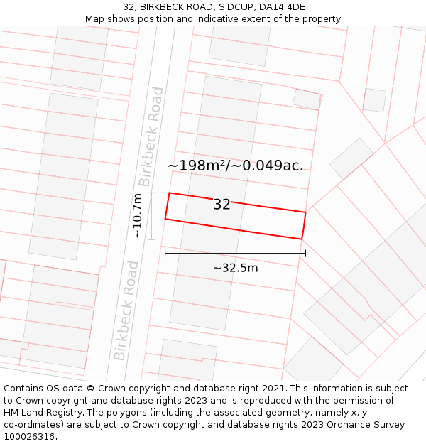 32, BIRKBECK ROAD, SIDCUP, DA14 4DE: Plot and title map