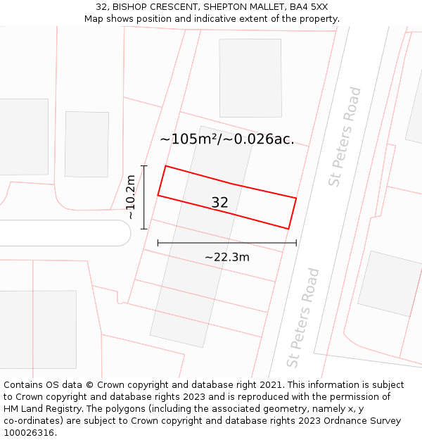 32, BISHOP CRESCENT, SHEPTON MALLET, BA4 5XX: Plot and title map