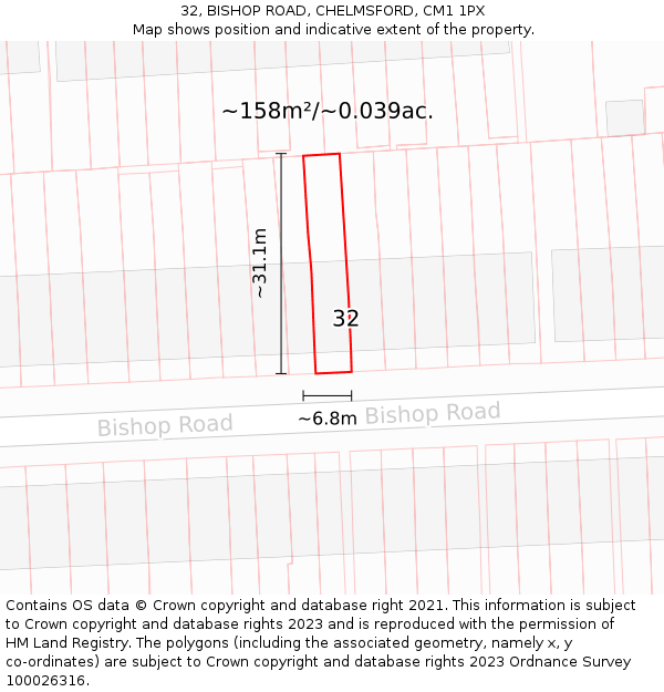 32, BISHOP ROAD, CHELMSFORD, CM1 1PX: Plot and title map