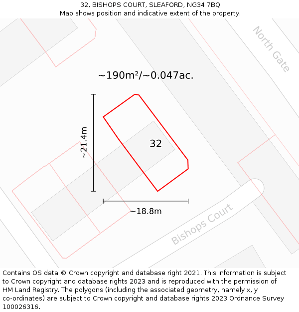 32, BISHOPS COURT, SLEAFORD, NG34 7BQ: Plot and title map