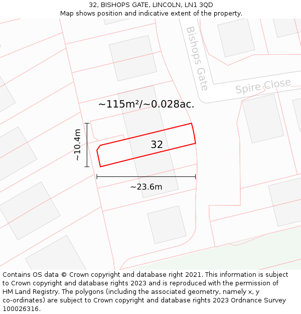 32, BISHOPS GATE, LINCOLN, LN1 3QD: Plot and title map