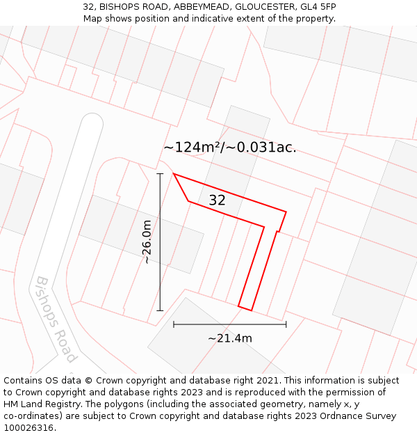32, BISHOPS ROAD, ABBEYMEAD, GLOUCESTER, GL4 5FP: Plot and title map