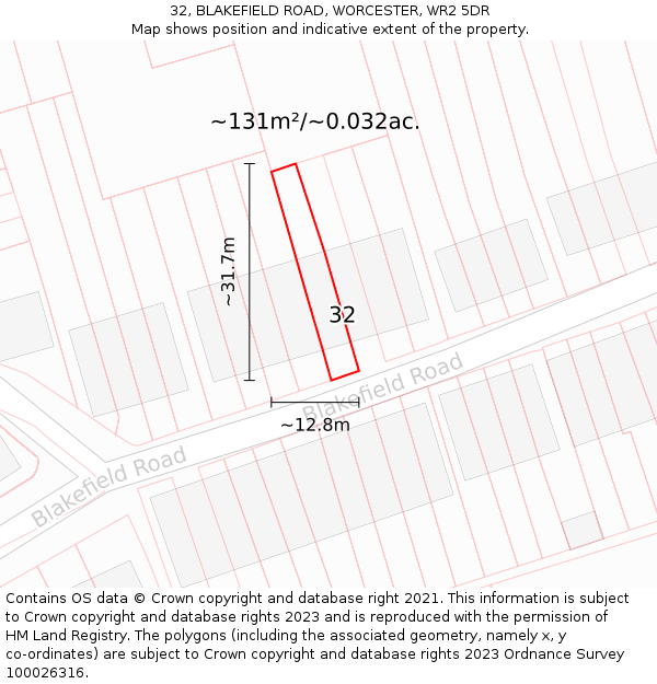 32, BLAKEFIELD ROAD, WORCESTER, WR2 5DR: Plot and title map