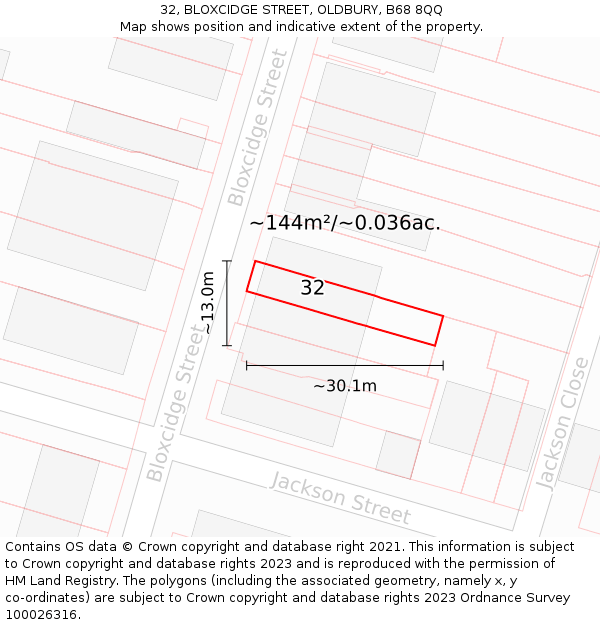 32, BLOXCIDGE STREET, OLDBURY, B68 8QQ: Plot and title map
