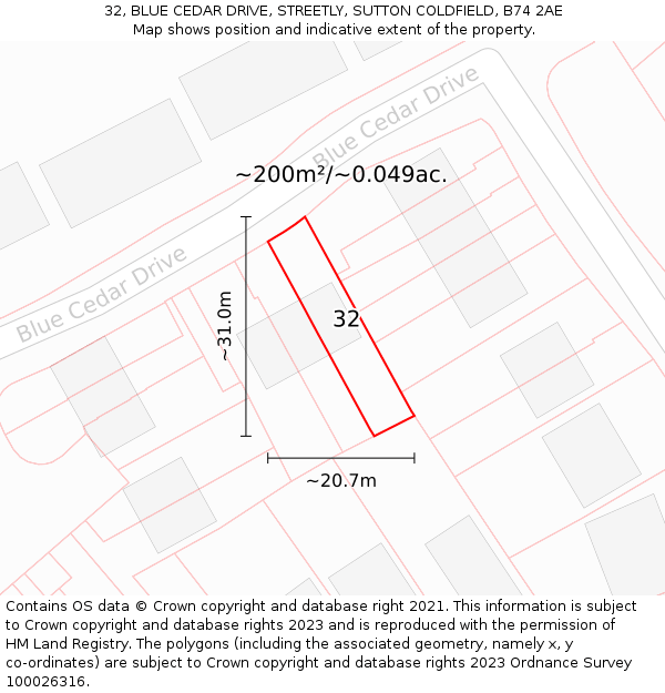 32, BLUE CEDAR DRIVE, STREETLY, SUTTON COLDFIELD, B74 2AE: Plot and title map