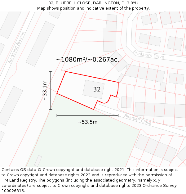 32, BLUEBELL CLOSE, DARLINGTON, DL3 0YU: Plot and title map