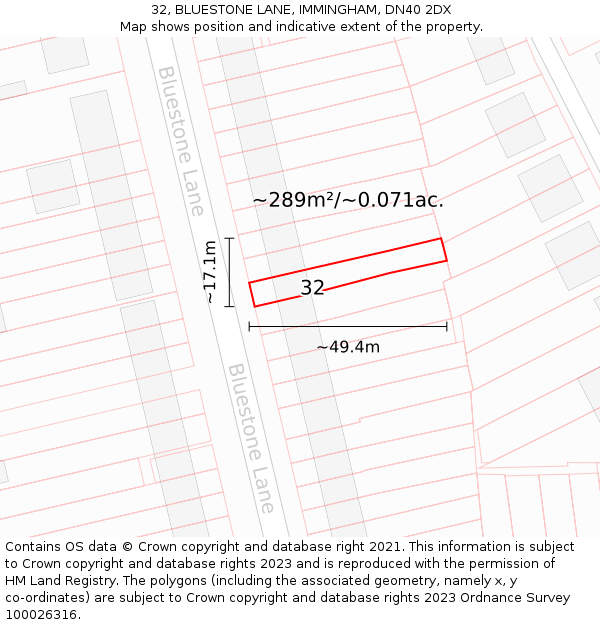 32, BLUESTONE LANE, IMMINGHAM, DN40 2DX: Plot and title map