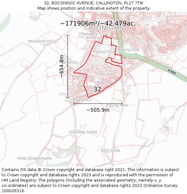 32, BOCONNOC AVENUE, CALLINGTON, PL17 7TW: Plot and title map