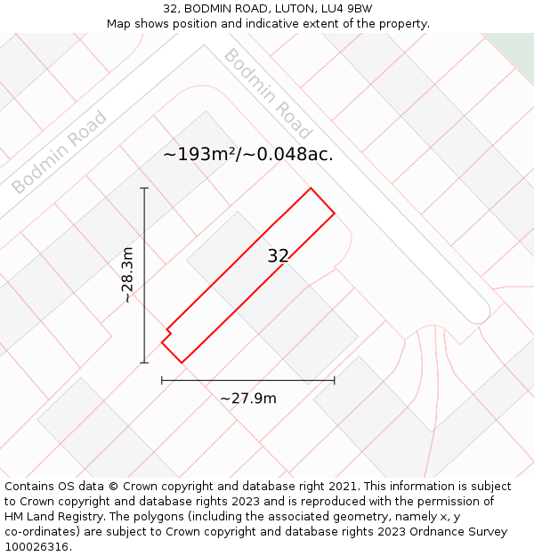 32, BODMIN ROAD, LUTON, LU4 9BW: Plot and title map
