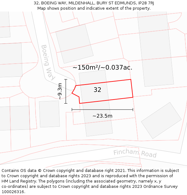 32, BOEING WAY, MILDENHALL, BURY ST EDMUNDS, IP28 7RJ: Plot and title map