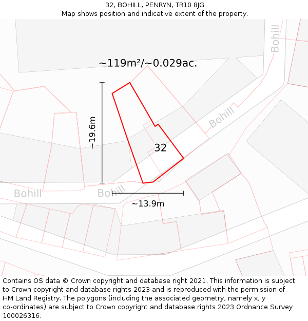 32, BOHILL, PENRYN, TR10 8JG: Plot and title map