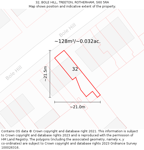 32, BOLE HILL, TREETON, ROTHERHAM, S60 5RA: Plot and title map