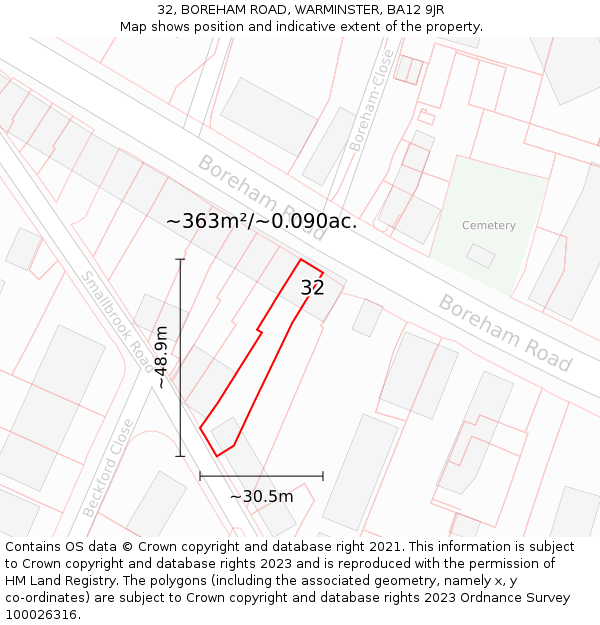 32, BOREHAM ROAD, WARMINSTER, BA12 9JR: Plot and title map