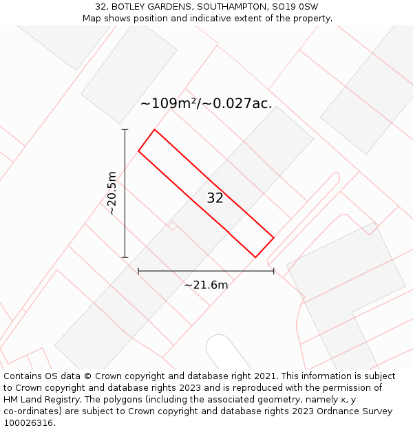32, BOTLEY GARDENS, SOUTHAMPTON, SO19 0SW: Plot and title map