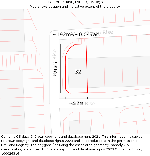 32, BOURN RISE, EXETER, EX4 8QD: Plot and title map