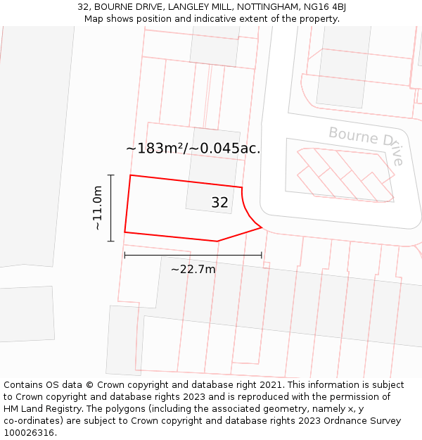 32, BOURNE DRIVE, LANGLEY MILL, NOTTINGHAM, NG16 4BJ: Plot and title map