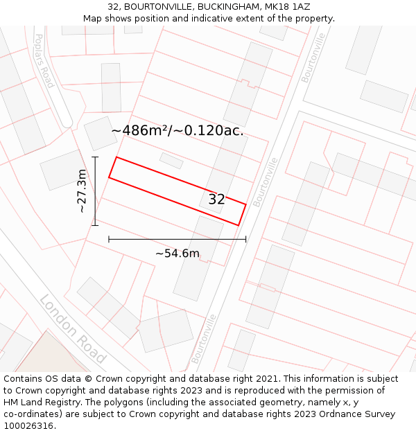 32, BOURTONVILLE, BUCKINGHAM, MK18 1AZ: Plot and title map