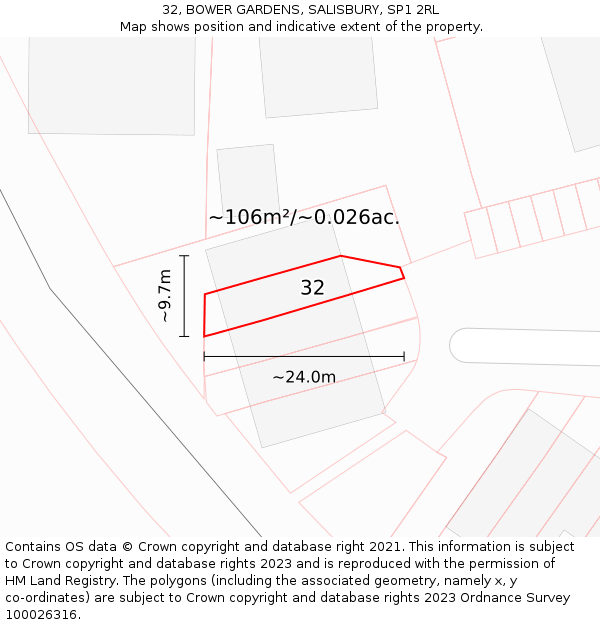 32, BOWER GARDENS, SALISBURY, SP1 2RL: Plot and title map