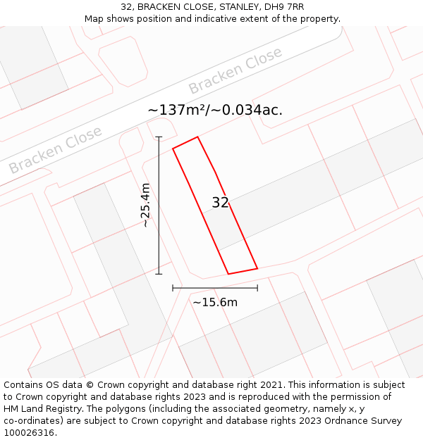 32, BRACKEN CLOSE, STANLEY, DH9 7RR: Plot and title map