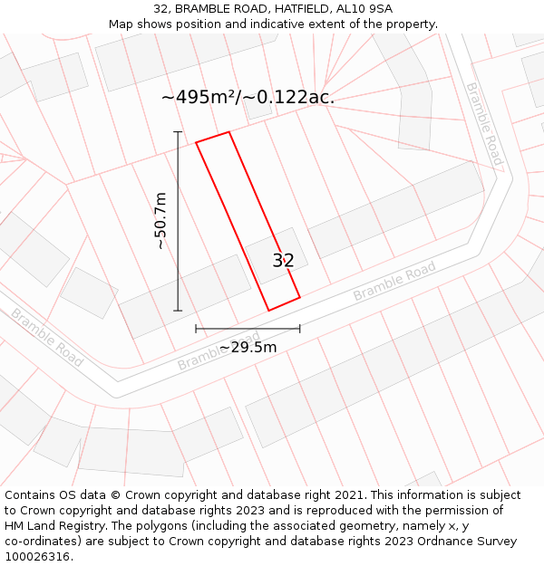 32, BRAMBLE ROAD, HATFIELD, AL10 9SA: Plot and title map