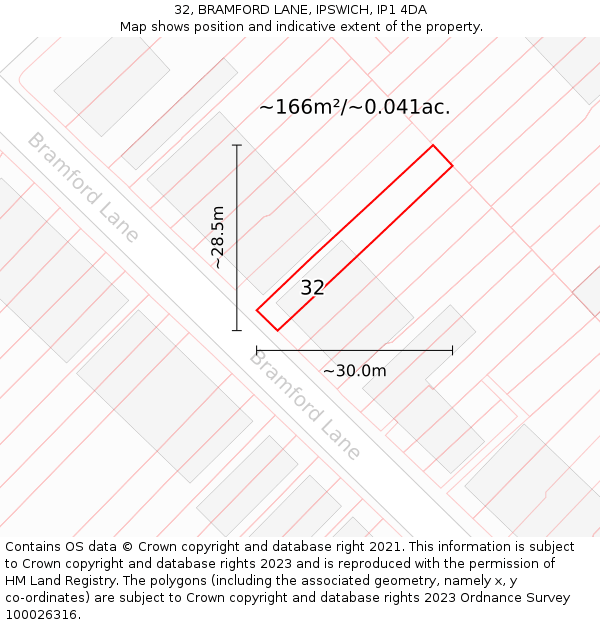 32, BRAMFORD LANE, IPSWICH, IP1 4DA: Plot and title map