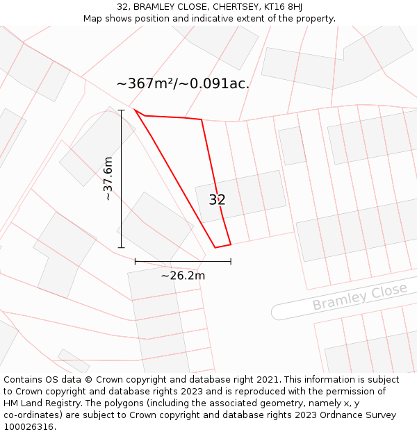 32, BRAMLEY CLOSE, CHERTSEY, KT16 8HJ: Plot and title map