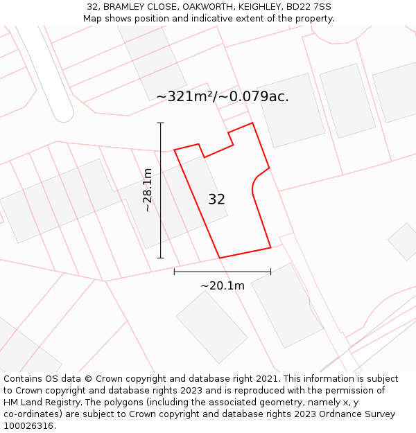 32, BRAMLEY CLOSE, OAKWORTH, KEIGHLEY, BD22 7SS: Plot and title map
