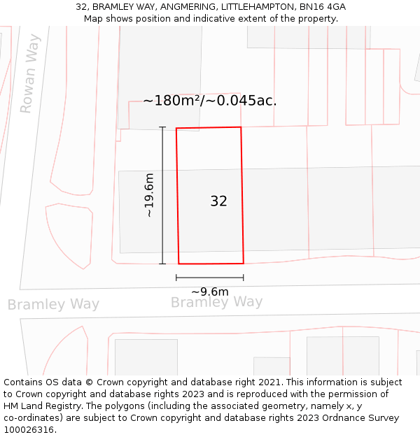 32, BRAMLEY WAY, ANGMERING, LITTLEHAMPTON, BN16 4GA: Plot and title map