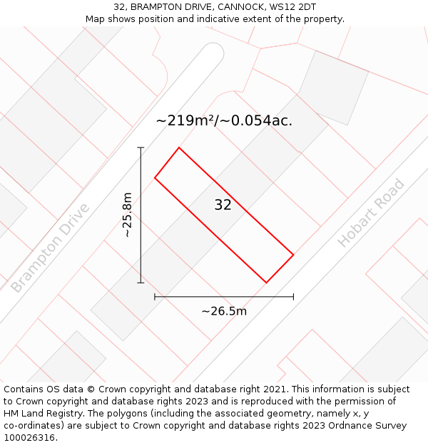 32, BRAMPTON DRIVE, CANNOCK, WS12 2DT: Plot and title map