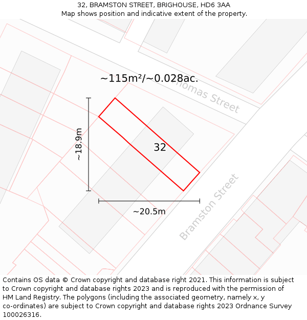 32, BRAMSTON STREET, BRIGHOUSE, HD6 3AA: Plot and title map