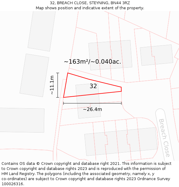 32, BREACH CLOSE, STEYNING, BN44 3RZ: Plot and title map