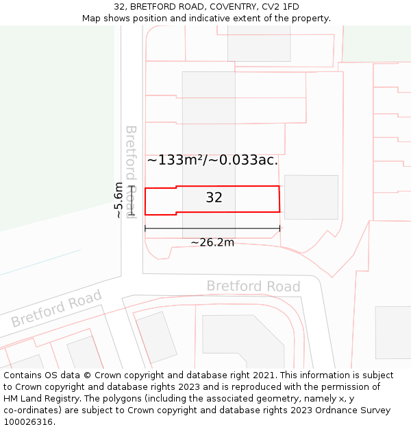 32, BRETFORD ROAD, COVENTRY, CV2 1FD: Plot and title map