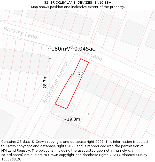 32, BRICKLEY LANE, DEVIZES, SN10 3BH: Plot and title map