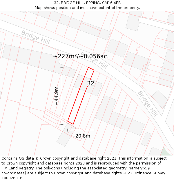 32, BRIDGE HILL, EPPING, CM16 4ER: Plot and title map