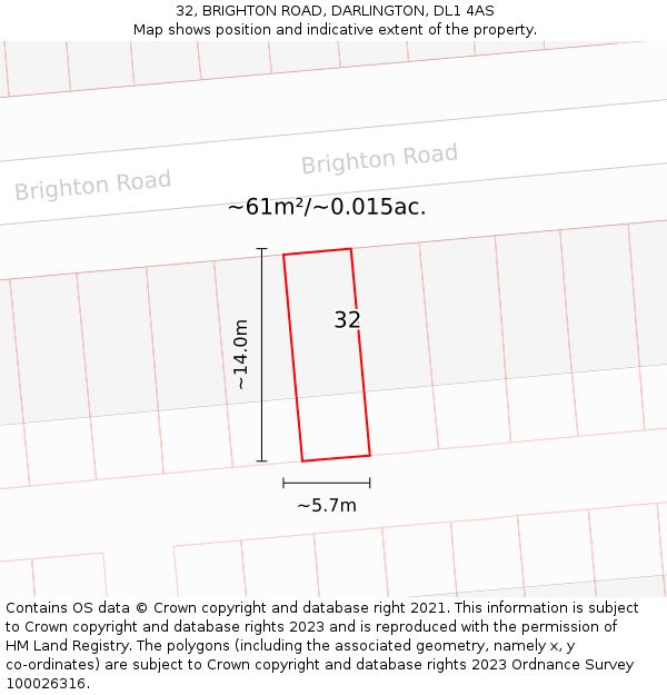32, BRIGHTON ROAD, DARLINGTON, DL1 4AS: Plot and title map