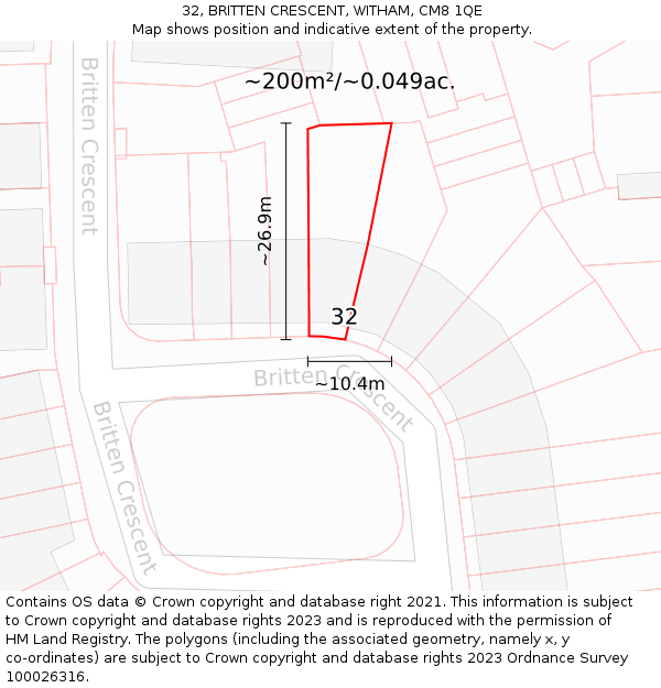 32, BRITTEN CRESCENT, WITHAM, CM8 1QE: Plot and title map