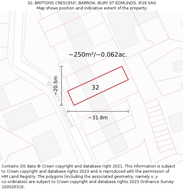 32, BRITTONS CRESCENT, BARROW, BURY ST EDMUNDS, IP29 5AG: Plot and title map