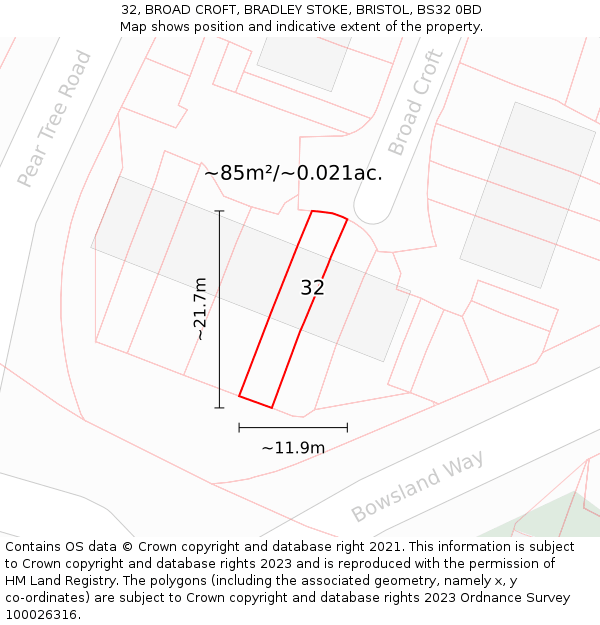 32, BROAD CROFT, BRADLEY STOKE, BRISTOL, BS32 0BD: Plot and title map