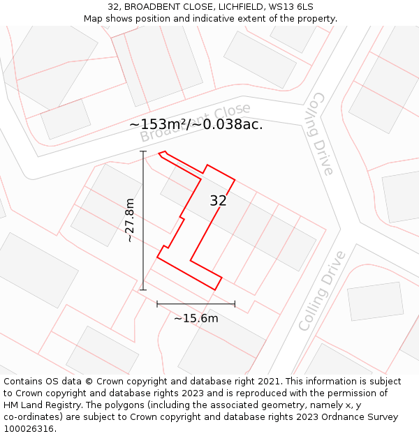 32, BROADBENT CLOSE, LICHFIELD, WS13 6LS: Plot and title map