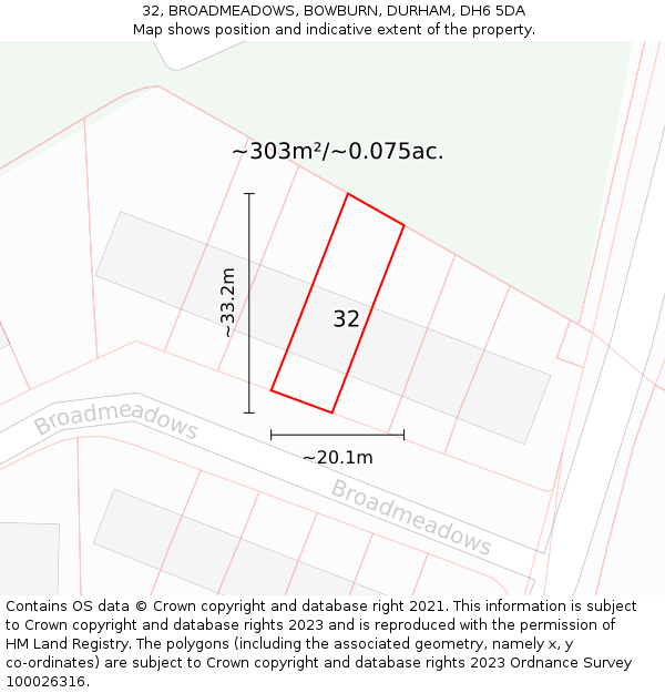 32, BROADMEADOWS, BOWBURN, DURHAM, DH6 5DA: Plot and title map
