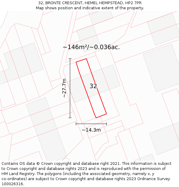 32, BRONTE CRESCENT, HEMEL HEMPSTEAD, HP2 7PR: Plot and title map