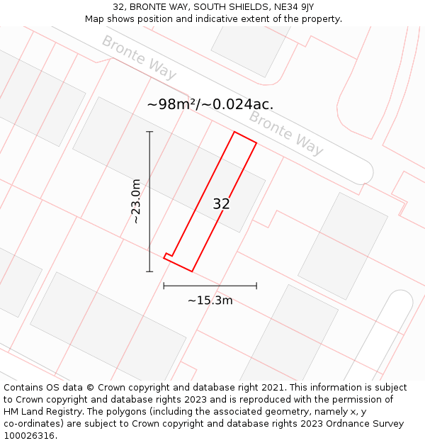 32, BRONTE WAY, SOUTH SHIELDS, NE34 9JY: Plot and title map