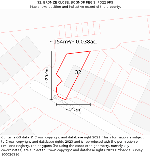 32, BRONZE CLOSE, BOGNOR REGIS, PO22 9RS: Plot and title map